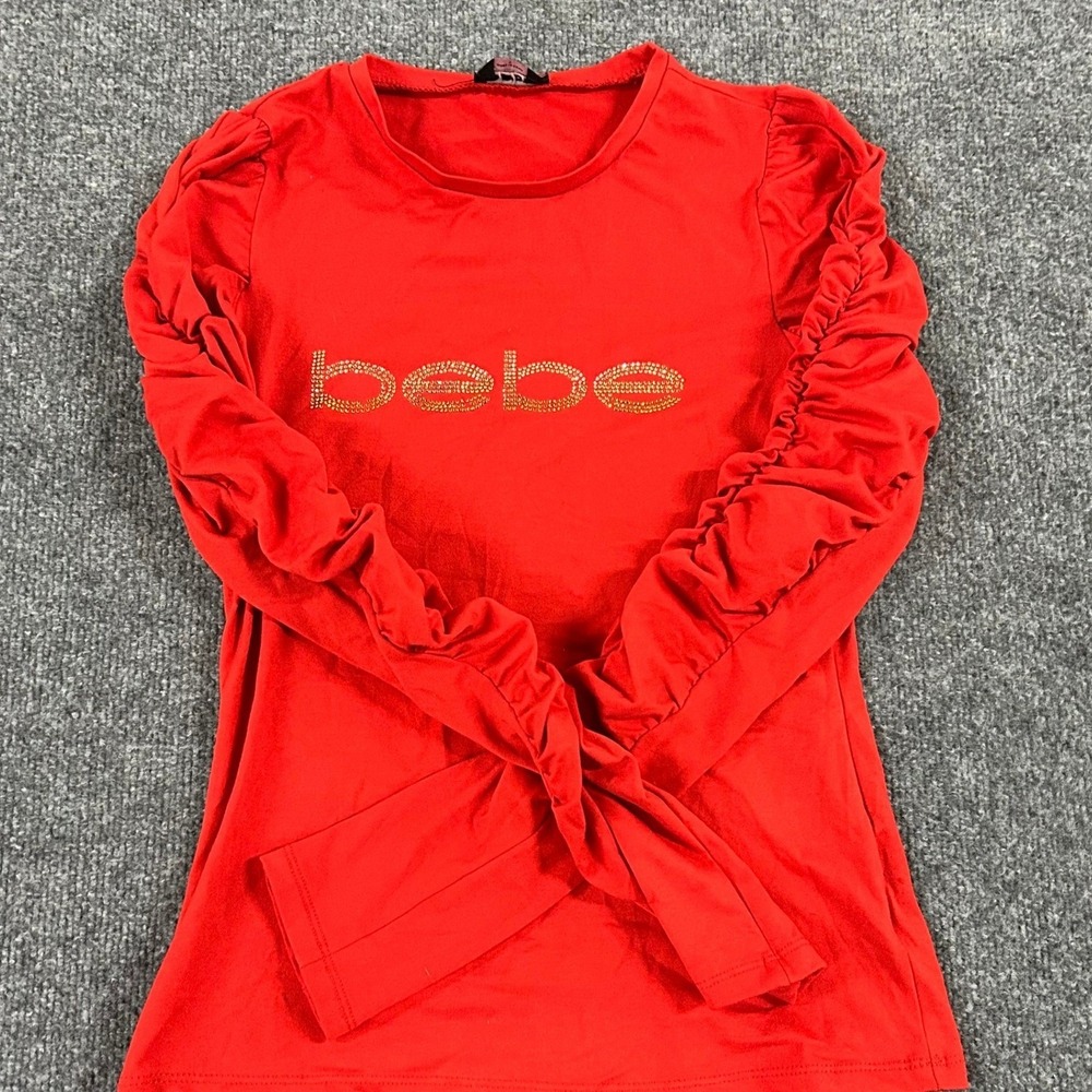 bebe Top Womens Size S Red Rhinestone Logo Ruched Puff Sleeve Slim Fit Shirt